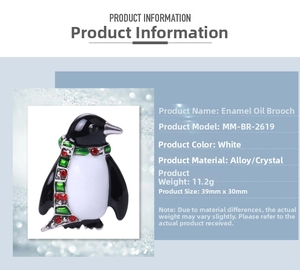 Detail specifications of penguin enamel brooch with red and green rhinestones and dimensions