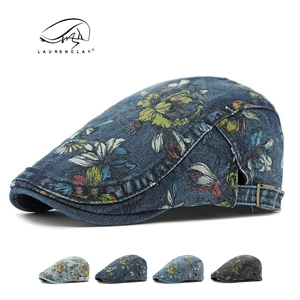 Vintage Washed Denim Cotton Floral Beret Hat Adjustable Metal Buckle Ethnic Style Ivy Cap For Women Men