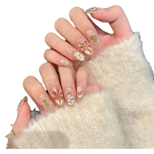 French gradient cat-eye press-on nails with 3D Christmas tree and snowflake designs