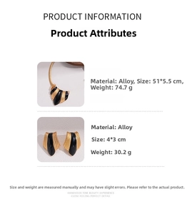 Detailed size specifications for alloy enamel necklace and earring set in black and gold