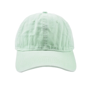 Detail of mint green washed cotton baseball cap with ventilation eyelets and curved brim