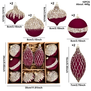 10pcs burgundy flocked Christmas ornaments set with gold beads in diverse festive shapes