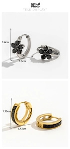 Detailed size comparison of floral and geometric earrings with black gemstones