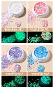 Luminous hexagonal nail sequins in four colors showing day and night glow effect