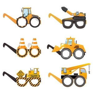 Kids construction themed party paper glasses featuring excavator and bulldozer designs