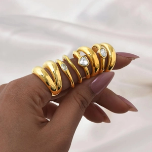 Minimalist gold double layer stainless steel rings with zircon stones on model hand