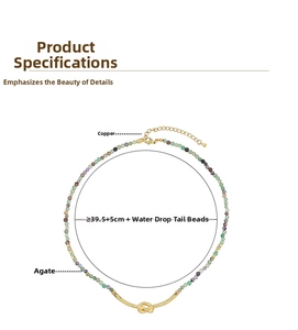 Detailed specs of handmade agate bead necklace with a golden knot pendant