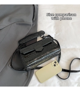 Close-up of black crocodile pattern crossbody bag with metal clasp and size reference