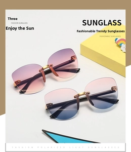 Detail view of pink and blue gradient polarized lenses with gold metal bridge
