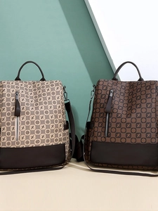 Retro printed women's backpack in beige and brown styles with large capacity for travel