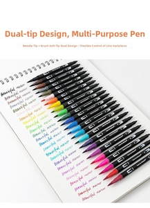 Detail of 20-color dual tip markers with brush and fine points on a sketchbook