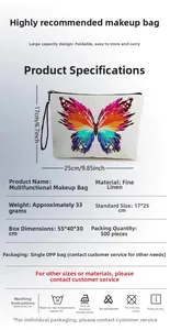 Linen makeup bag detail with butterfly print and dimensions 17x25cm 6.7x9.85 inches