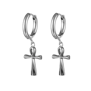 Gothic style titanium steel hoop earrings with hanging Ankh cross charms in vintage silver
