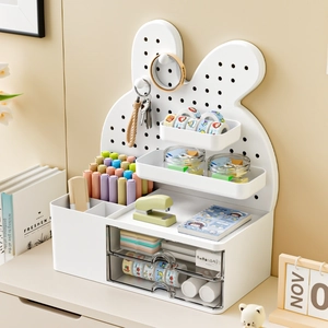 Rabbit Desktop Organizer Pegboard Storage Rack With Drawers Hooks Plastic Stationery Makeup Office Study Decor White
