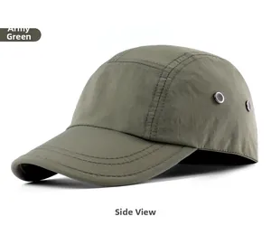 Side view of army green quick-dry baseball cap showing metal air vents and stitching