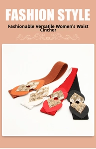 Detail of four colorful elastic waist belts with golden leaf-shaped metal buckles