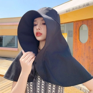 Black sun hat with neck flap for women, wide brim UV protection hat for outdoor summer use.