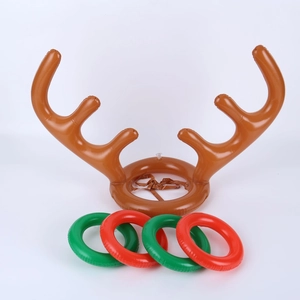 Inflatable reindeer antler headband toss game set with red and green rings for Christmas