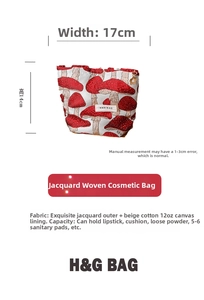 Detail shot of jacquard mushroom cosmetic bag showing 17x14cm size and cotton lining