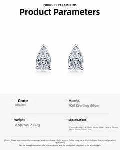 Detailed specs of 925 sterling silver stud earrings with 2ct 5A pear cut zircon stones
