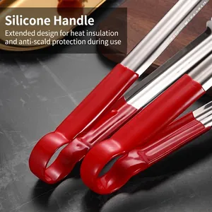 Stainless steel food tongs with red silicone non-slip handle for BBQ and baking