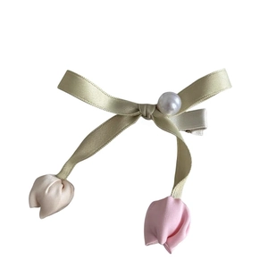 Elegant light green tulip silk bow hair clip with large pearl and fabric flower buds