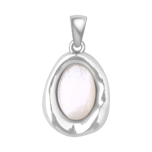 Detailed view of irregular silver frame with white mother of pearl shell pendant inlay