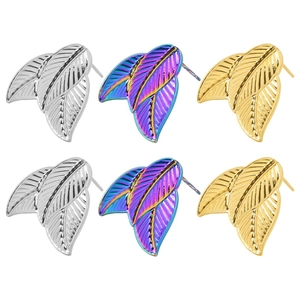 Detailed view of double-leaf earrings in silver, gold, and rainbow stainless steel finishes