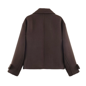Rear view of deep brown short wool coat featuring high-quality minimalist french design