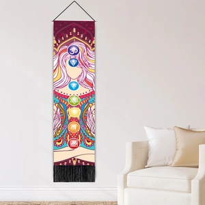 Bohemian meditation wall hanging with chakra symbols and black decorative fringe tassels
