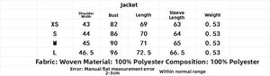 Detailed size chart for women striped blazer set showing measurements in centimeters