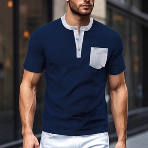 Men Henley Shirt Waffle Knit Short Sleeve Contrast Color Breathable Polyester Casual Top Relaxed Fit