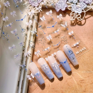 Minimalist gold foil nail stickers M-945 with blue hearts and white 3D bow designs