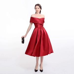 Women Satin Off The Shoulder Evening Dress Elegant A-line Midi Gown For Wedding Guest Banquet Prom Party