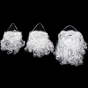 Three-piece set of white curly Santa Claus wigs and beards on a black background