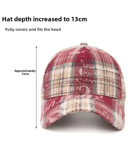 Dettaglio cappellino da baseball a scacchi rossi con profondità di 13cm e tessuto