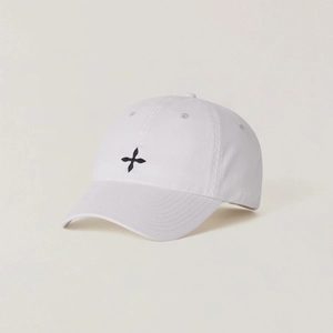 White washed cotton baseball cap featuring a black cross embroidery and curved brim
