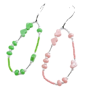 Pearlescent heart beaded phone strap in green and pink ceramic material for wrist wear