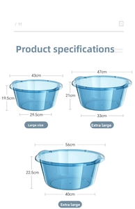 Tableau des tailles pour bassines bleues transparentes L, XL, XXL avec dimensions