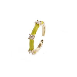Adjustable gold bamboo ring with yellow enamel and sparkling zircon accents