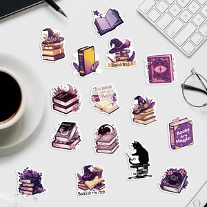 Detail of bookish witch stickers featuring magic books and black cats for scrapbooking