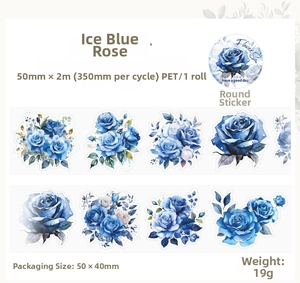 Detail view of ice blue rose PET decorative tape with floral botanical patterns for journaling