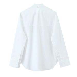 Women's white long-sleeve shirt with high neck and buttoned cuffs in a flat lay view