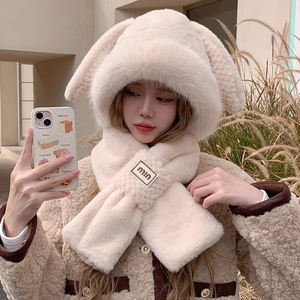 Winter plush rabbit ear hooded scarf and gloves combo in creamy white faux fur