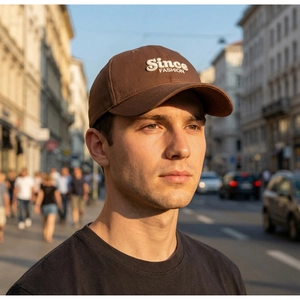 Detailed close-up of premium brown twill cotton baseball cap with 3D Since embroidery