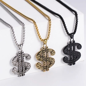 Stainless steel dollar sign pendant necklaces in gold, silver, and black hip hop style