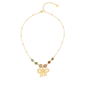 Vintage stainless steel gold necklace with angel bow pendant and colorful cat eye stones