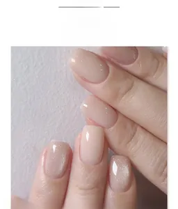 Détails de faux ongles courts carrés rose nude avec paillettes argentées style JP4098
