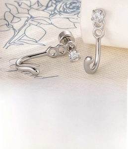 Detailed specs of silver titanium J-hook earring with polished finish and cubic zirconia