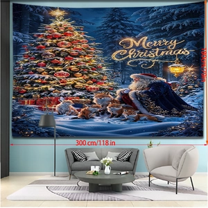 Large Christmas tapestry with Santa and tree displayed on a living room wall